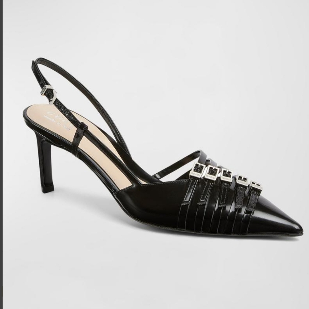 $1,450 Gucci Seraphine 75mm Leather Slingback Pumps Logo EU 38 US 8 BNIB